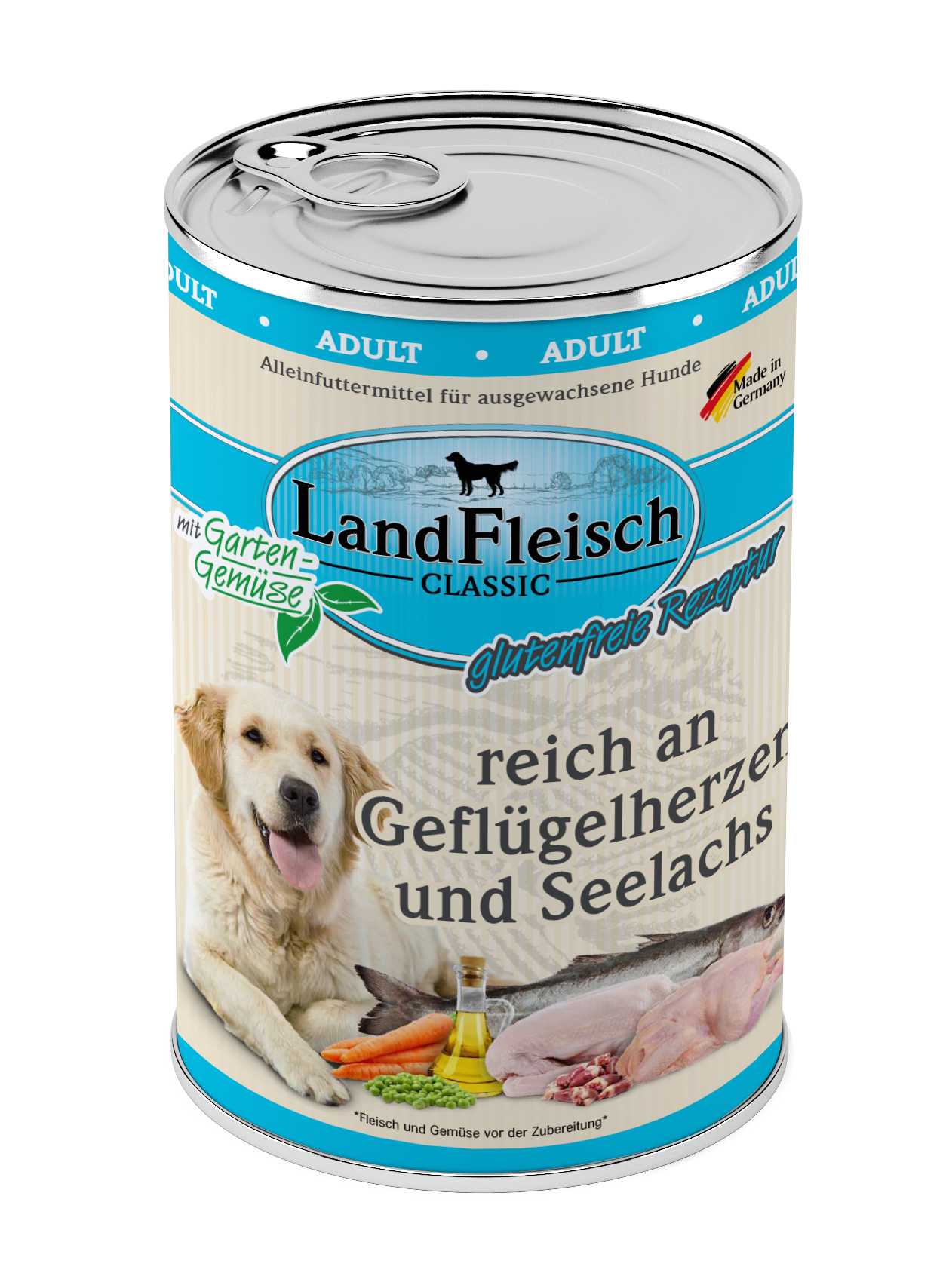 LandFleisch Dog Classic reich an Geflügelherzen und Seelachs mit Gartengemüse 400g