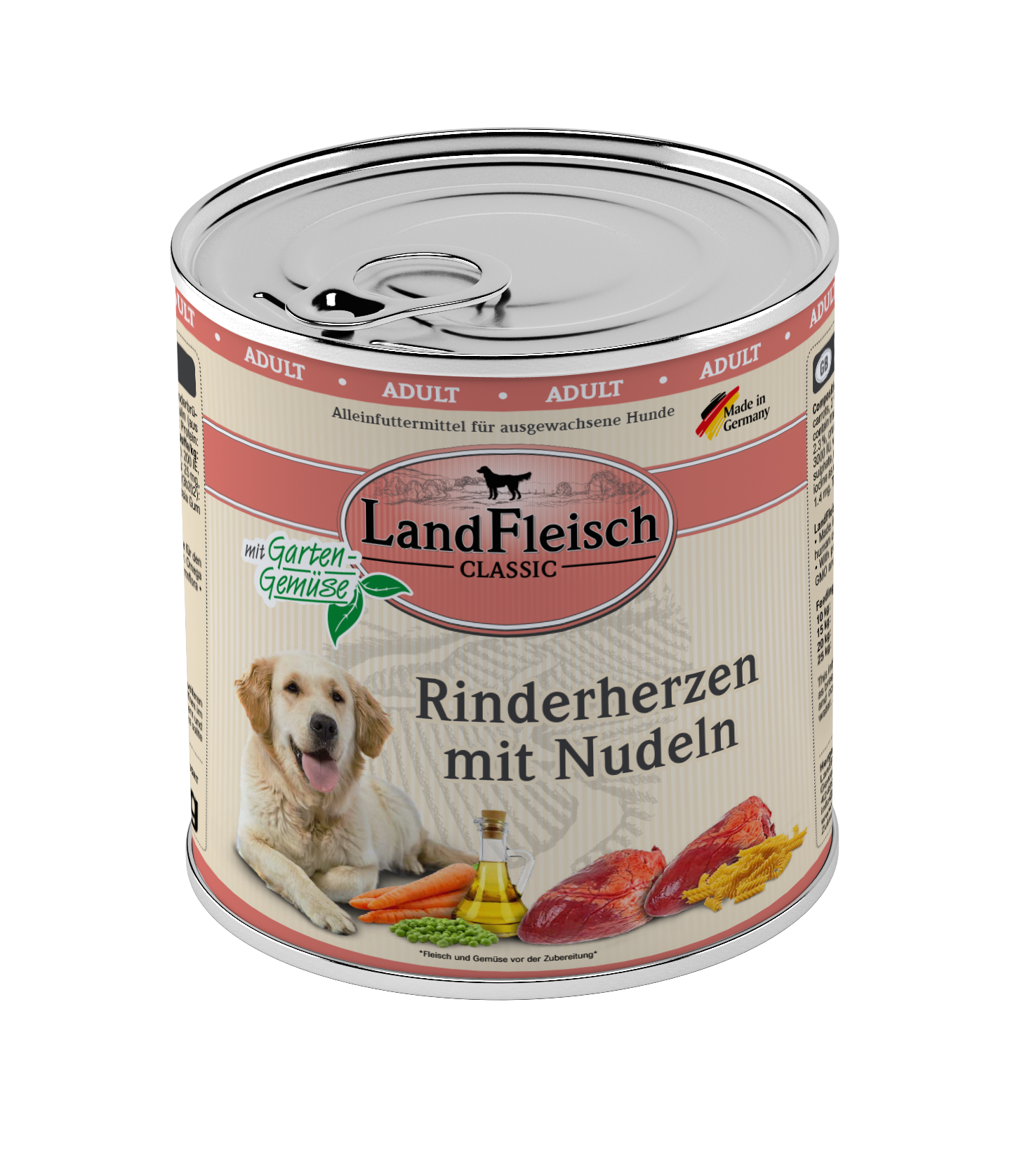 LandFleisch Dog Classic Rinderherzen mit Nudeln und Gartengemüse 800g