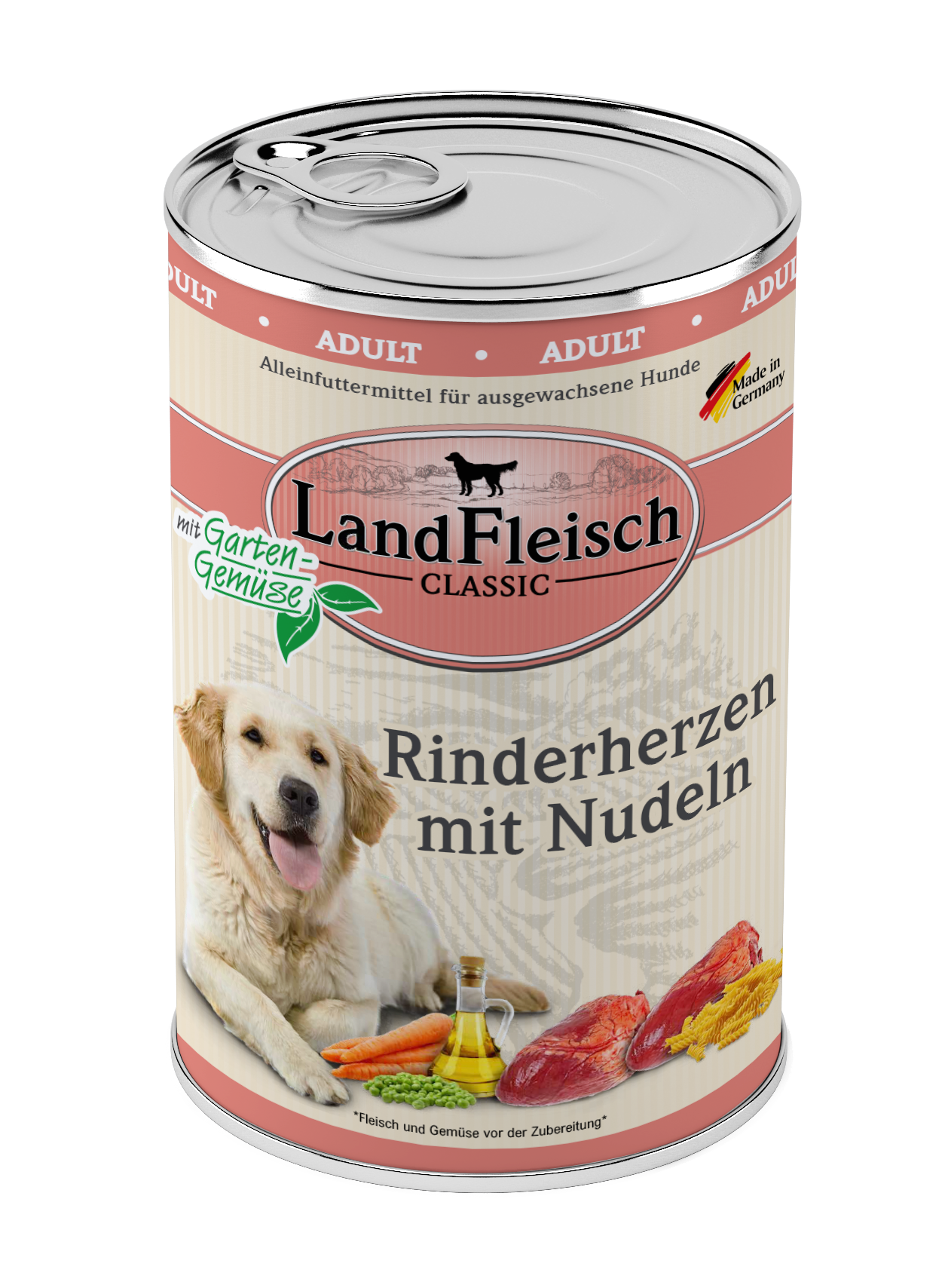 LandFleisch Dog Classic Rinderherzen mit Nudeln und Gartengemüse 400g