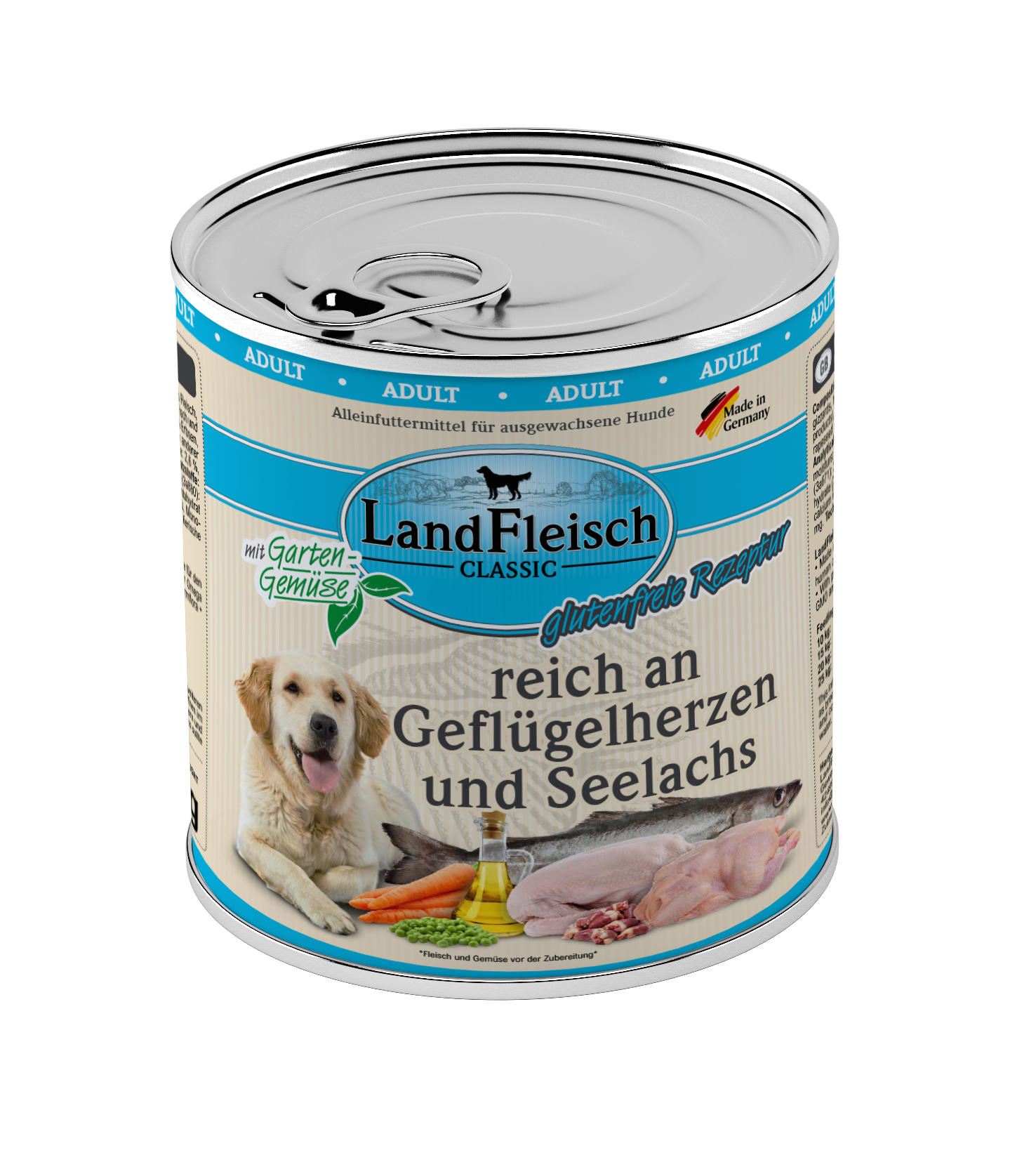 LandFleisch Dog Classic Geflügelherzen und Seelachs mit Gartengemüse 800g