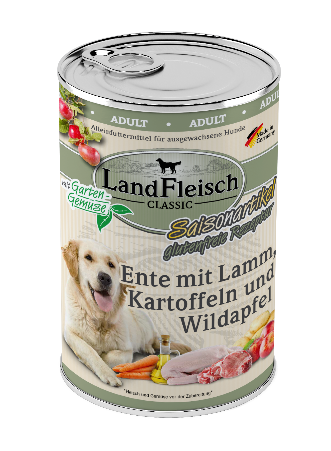 LandFleisch Dog Classic Ente mit Lamm, Kartoffeln Wildapfel und Gartengemüse 400g